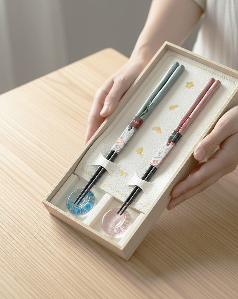 Isso Hyakufuku Couple Chopsticks Gift Set | Wakasa Lacquerware &amp; Glass Rests | Paulownia Box | Made in Japan