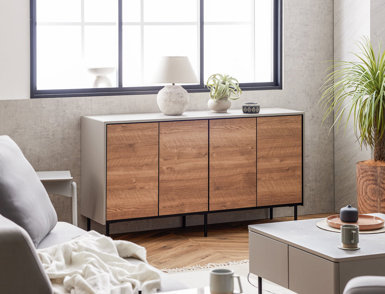 Natural Modern Sideboard｜霧面灰 × 復古木紋｜日本製