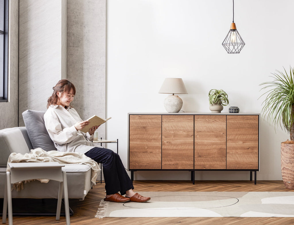 Natural Modern Sideboard｜霧面灰 × 復古木紋｜日本製