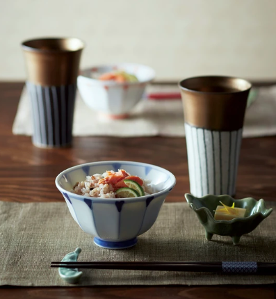 美濃燒 十草金彩長杯對裝｜細密雕花木盒｜日本製